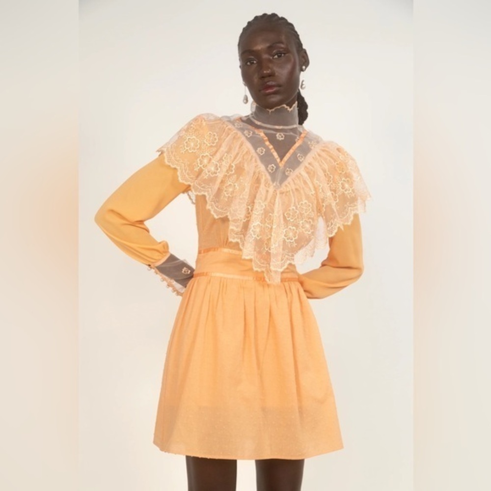 House of Aama NWT 0‎ Southern Girl Peach Victorian Lace Silk Mini Dress